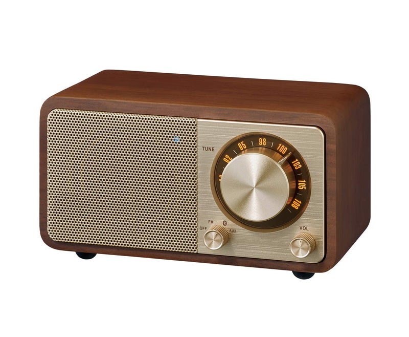 SANGEAN سماعة بلوتوث ميني Sangean WR-7GW مع خزانة خشبية ومشغل FM ومدخل Aux - إصدار خاص باللون الذهبي/الجوز - Image 1